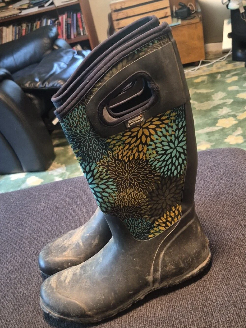 Bogs Women's Floral Tall Rain Boots in Teal, Yellow & Brown